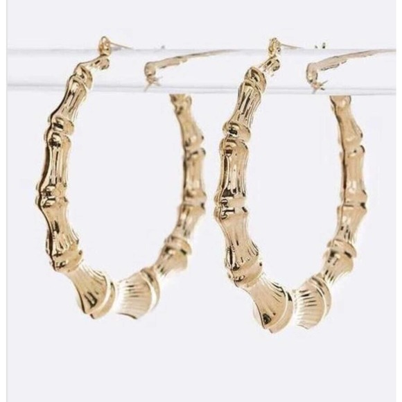 Womens Bamboo Hoop Earrings Gold Tone Hoop Oversize Jewelry New Hip Hop Retro - Picture 1 of 2